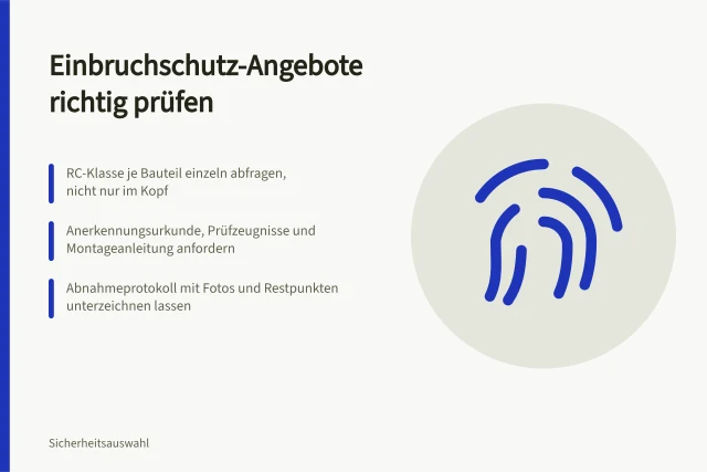 Checkliste zur Prüfung von Einbruchschutz-Angeboten mit Normbezug und Nachweisen. Einbruchschutz Angebote prüfen mit Checkliste für Handwerker und Planer