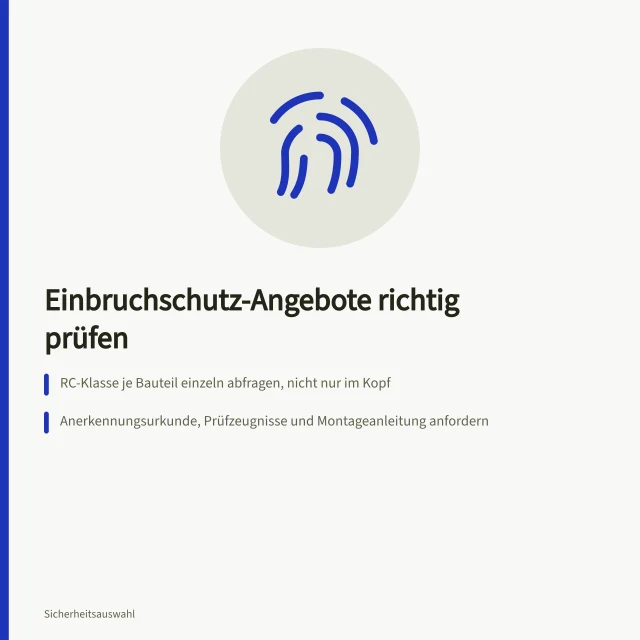 Checkliste zur Prüfung von Einbruchschutz-Angeboten mit Normbezug und Nachweisen. Einbruchschutz Angebote prüfen mit Checkliste für Handwerker und Planer